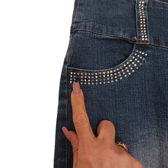 Y2K GAUCHOS Coullotes Jrs Sz XL Denim Stretch Spandex RHINESTONES Sun Fade - Picture 15 of 16